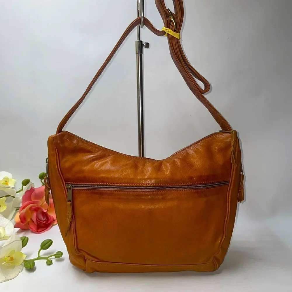 Vintage Forest Leather Shoulder Bag Camel Medium